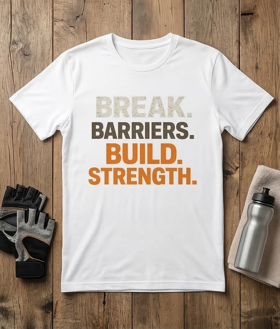 Break Barriers Build Strength Motivational Gym T-Shirt | Fitness Workout Motivation Tee for Men & Women