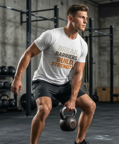 Break Barriers Build Strength Motivational Gym T-Shirt | Fitness Workout Motivation Tee for Men & Women